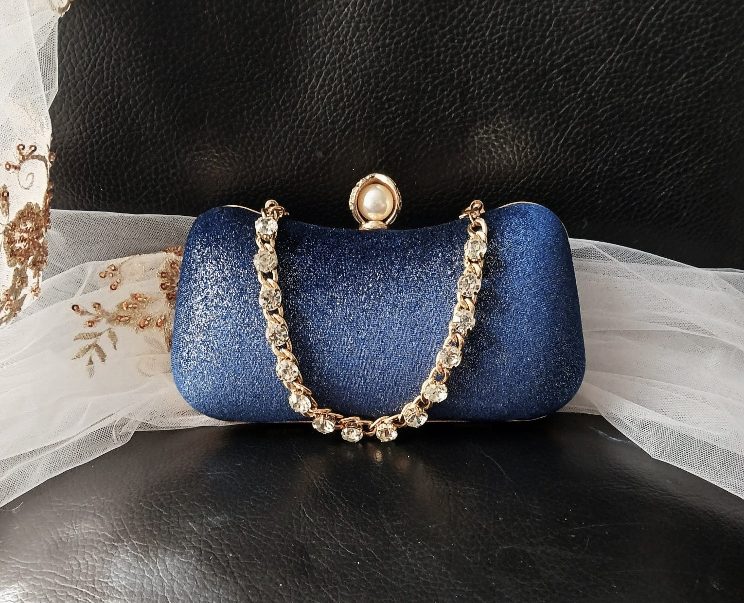 Personalized Navy Blue Velvet Clutch Bag: Evening Purse With Gold Harware