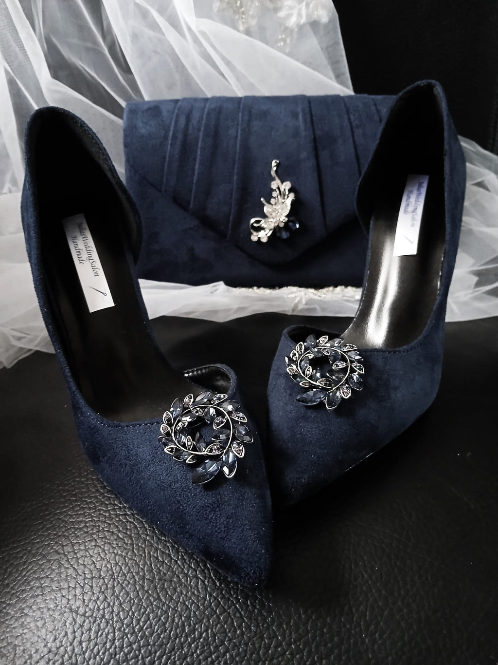 Navy Blue Suede Wedding Heels with Matching Clutch: Gothic Evening Pumps