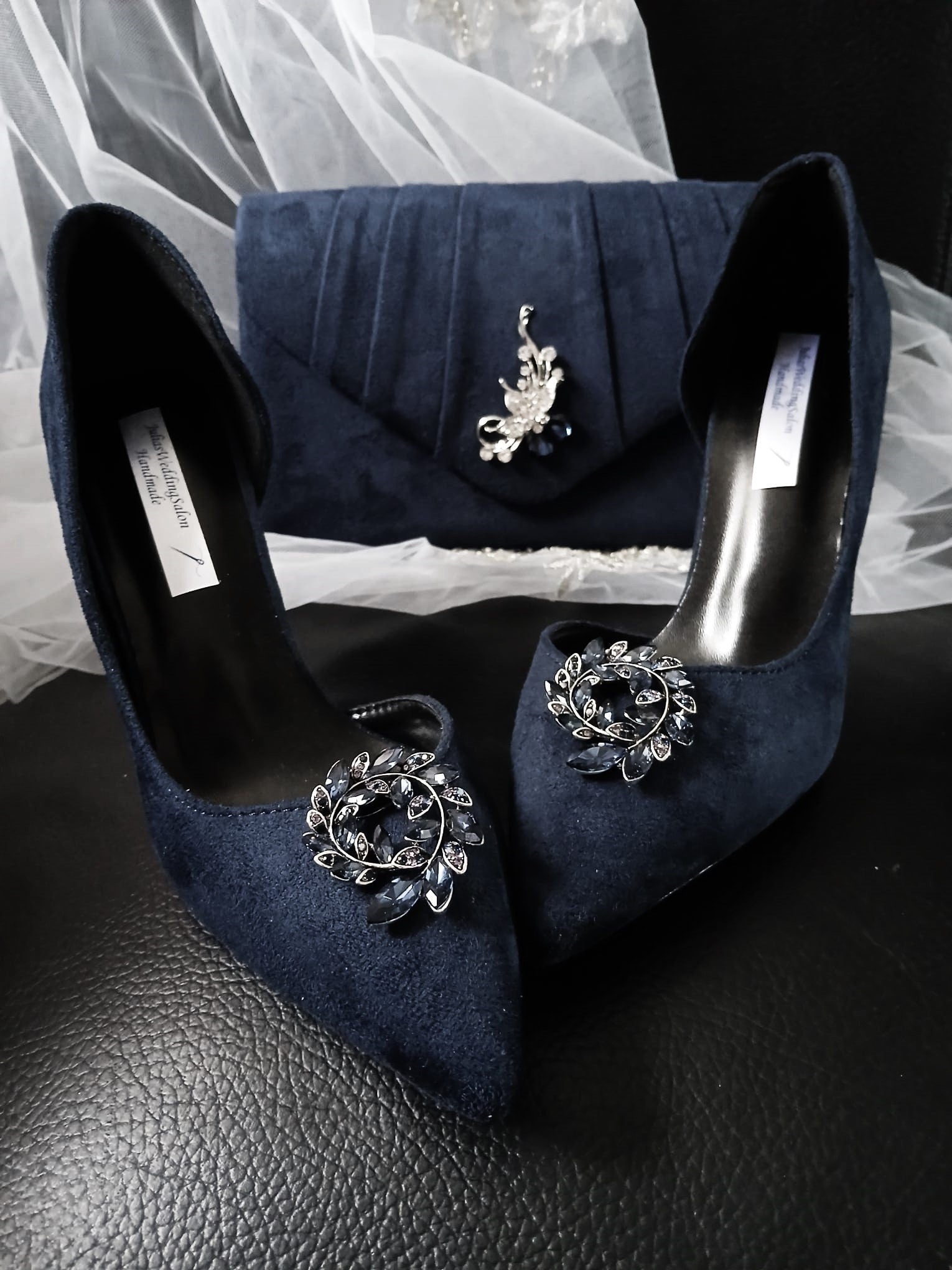 Navy Blue Suede Wedding Heels with Matching Clutch: Gothic Evening Pumps