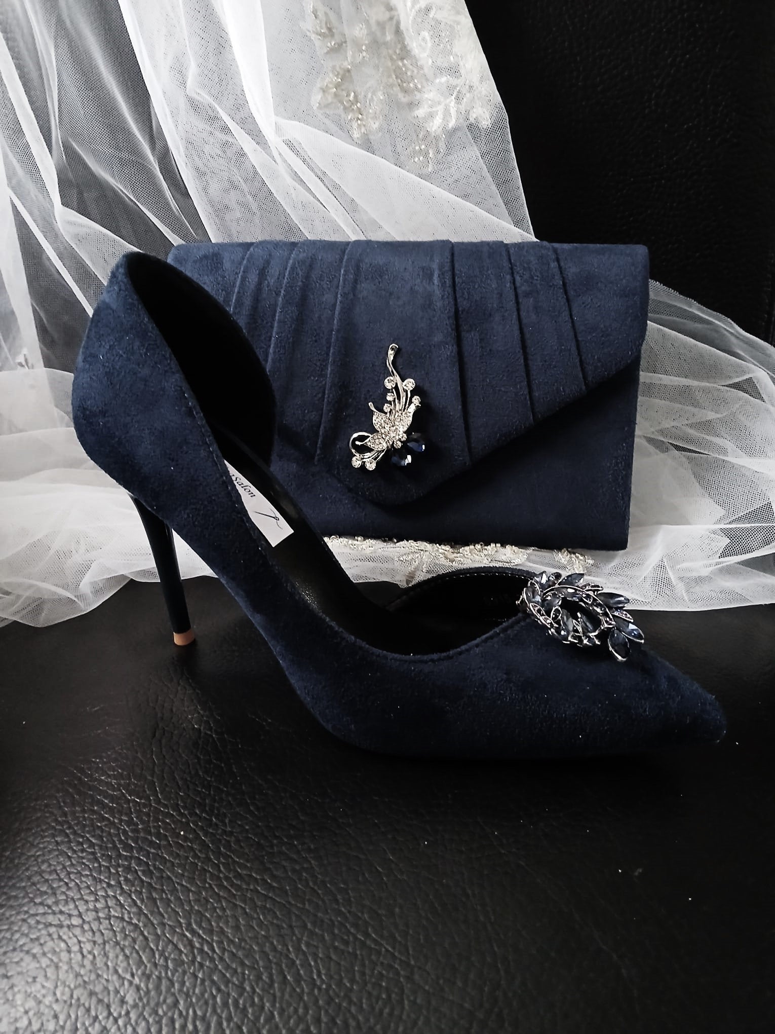 Navy Blue Suede Wedding Heels with Matching Clutch: Gothic Evening Pumps