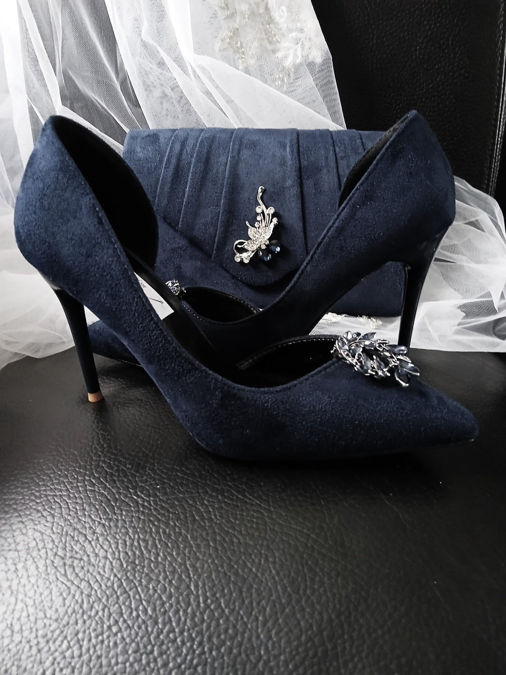 Navy Blue Suede Wedding Heels with Matching Clutch: Gothic Evening Pumps