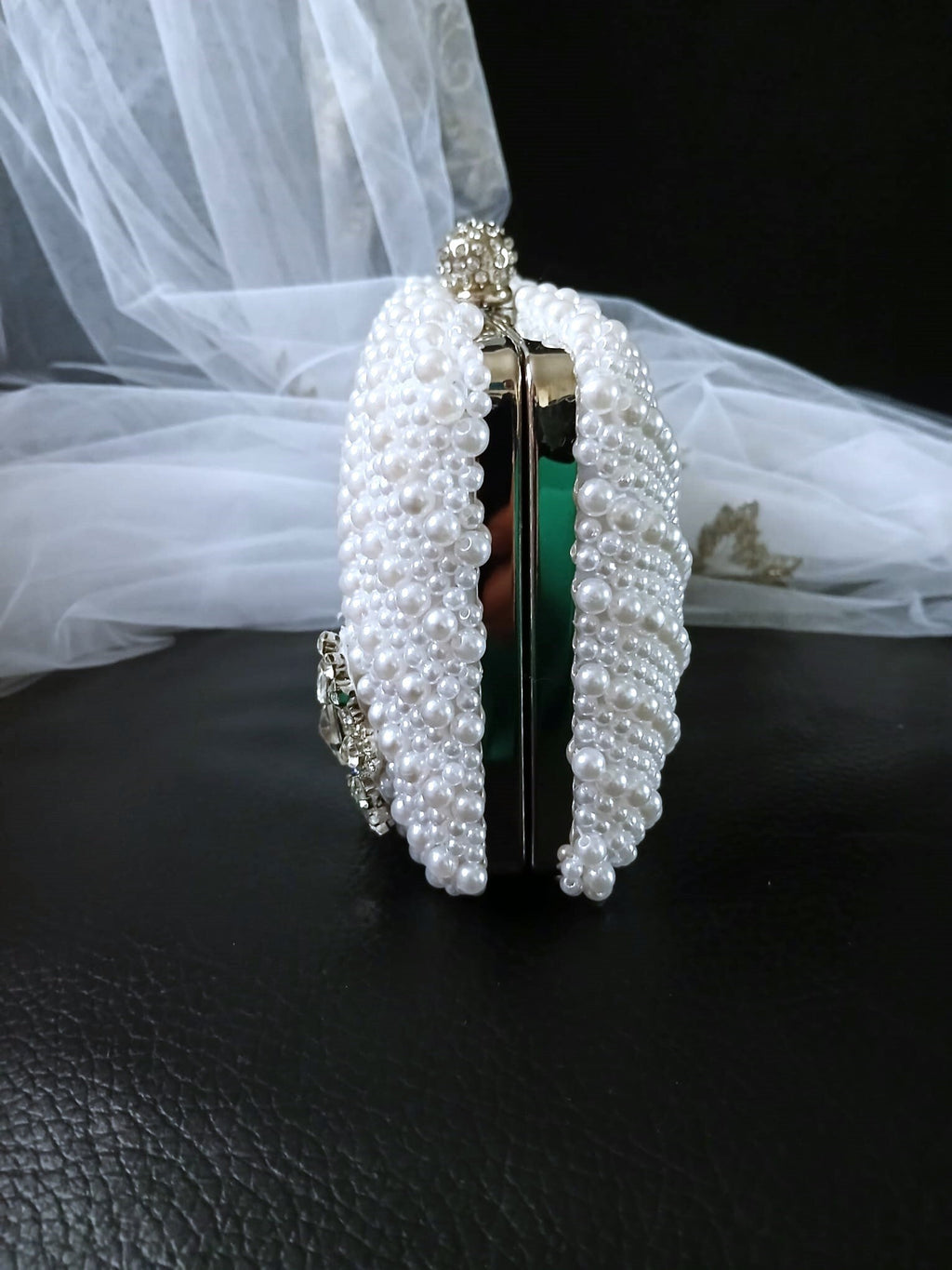 White Pearl Evening Clutch: Silver Hardware Wedding Handbag