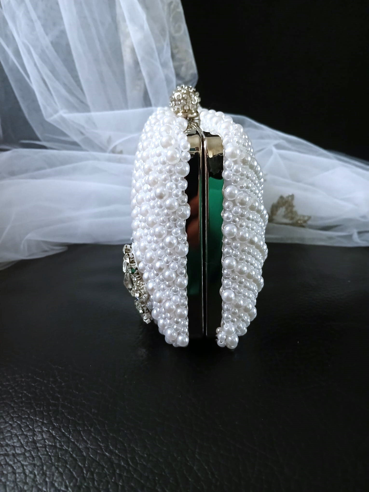 White Pearl Evening Clutch: Silver Hardware Wedding Handbag