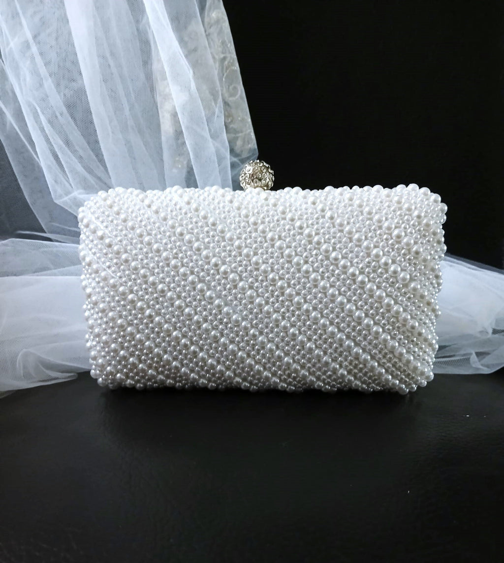 White Pearl Evening Clutch: Silver Hardware Wedding Handbag