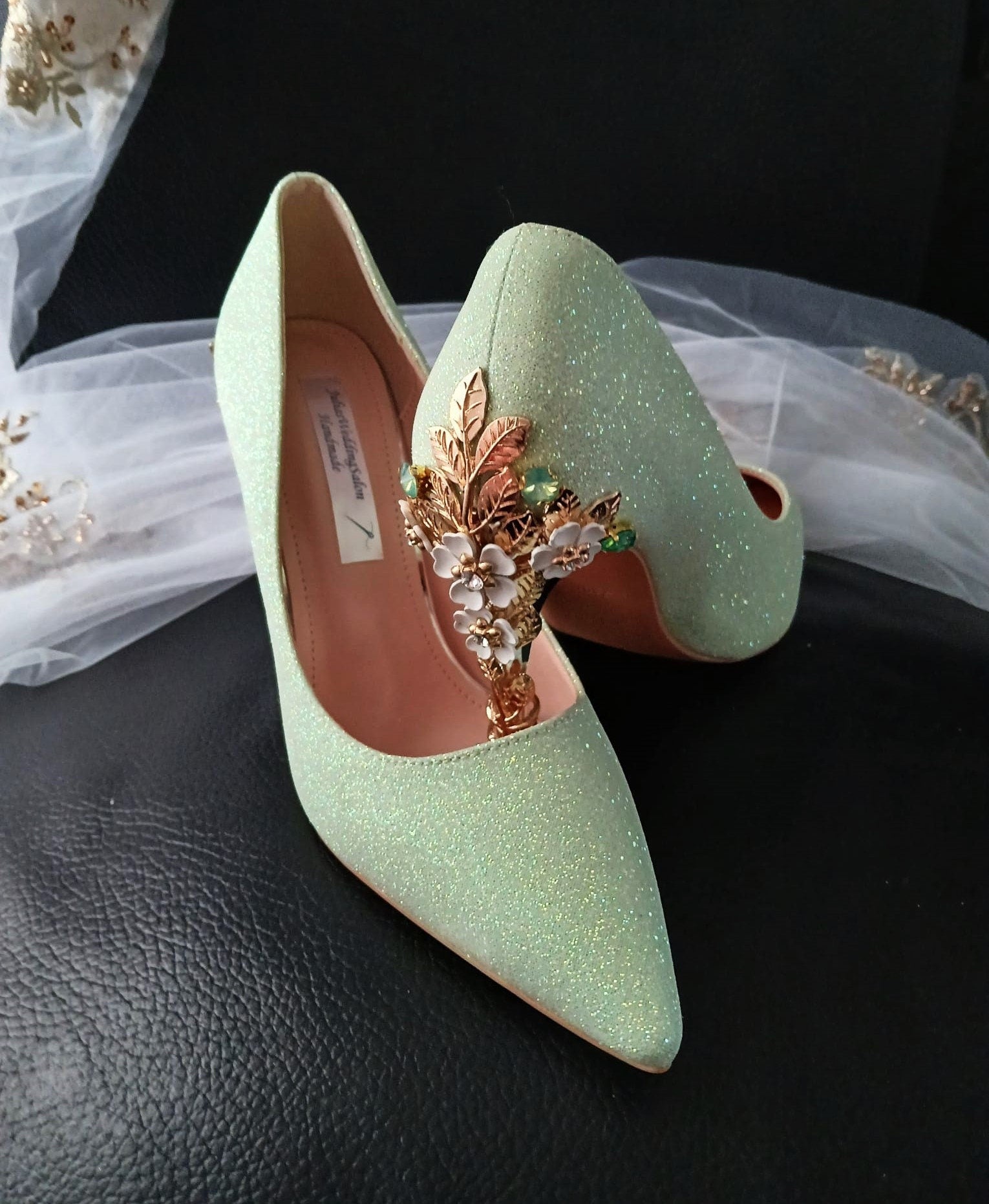 Sage Green Glitter Heels with Cherry Blossom Clutch Bag: Bridal Shoes
