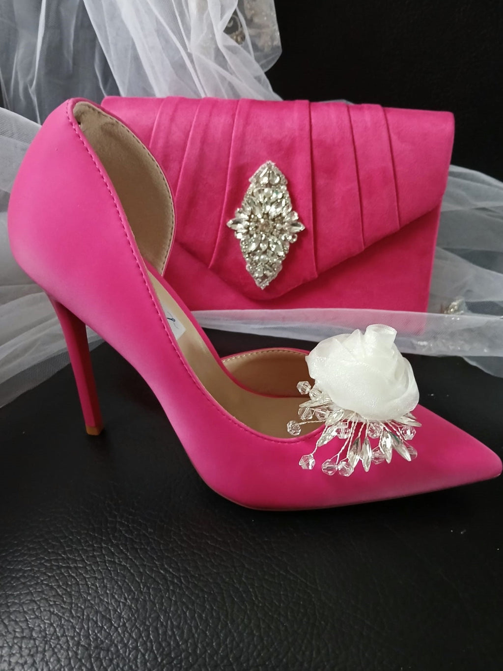 Fuchsia Satin Wedding Pumps with Rose Clips & Clutch Bag