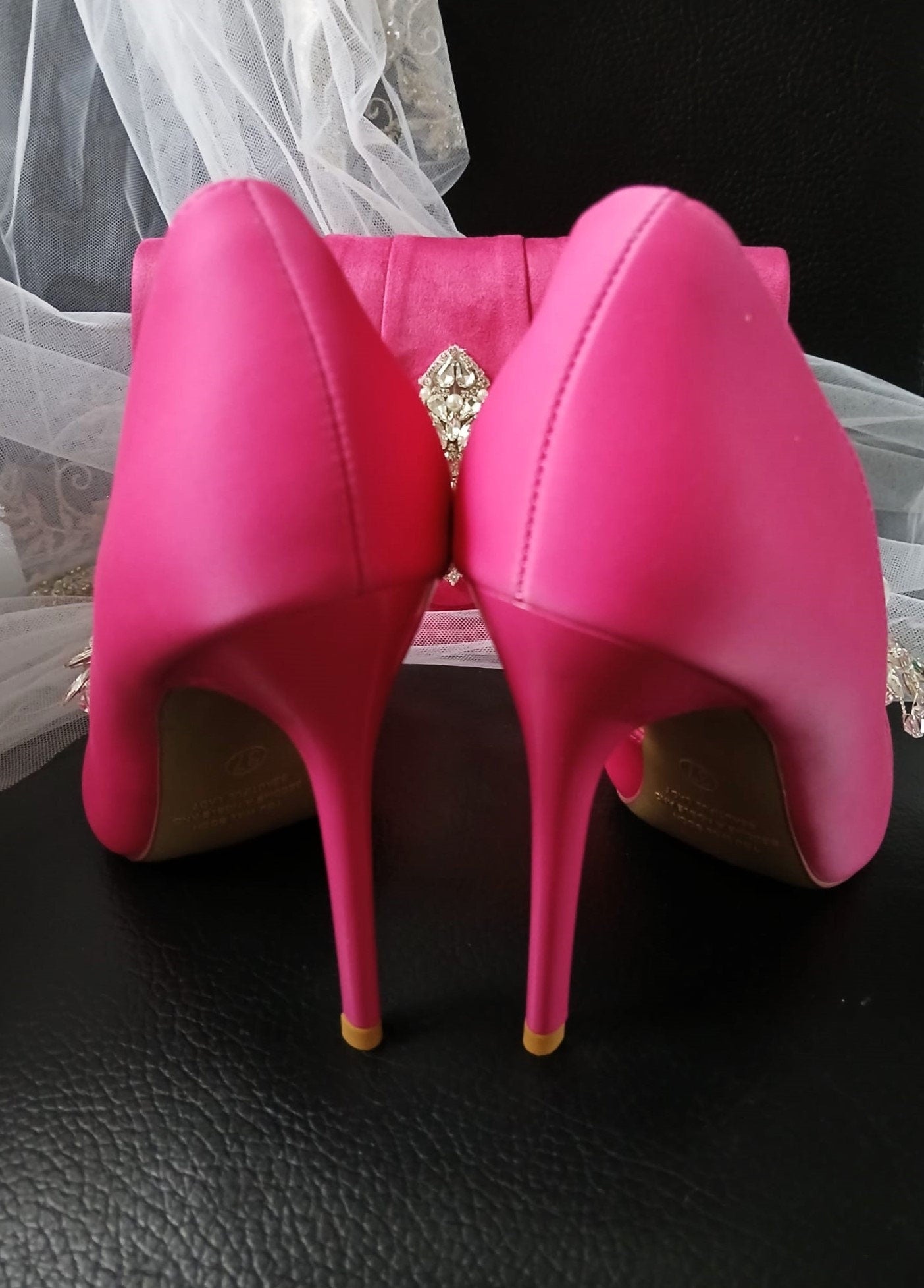 Fuchsia Satin Wedding Pumps with Rose Clips & Clutch Bag
