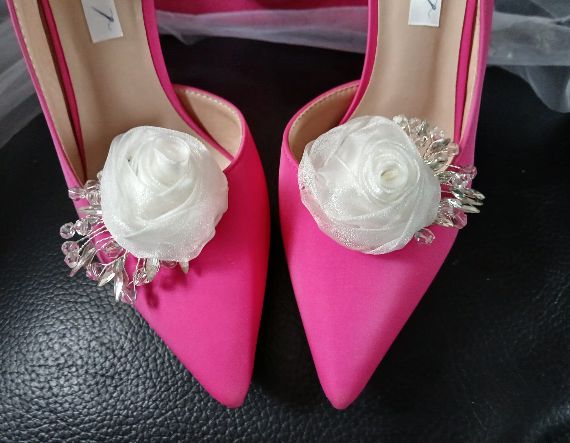 Fuchsia Satin Wedding Pumps with Rose Clips & Clutch Bag