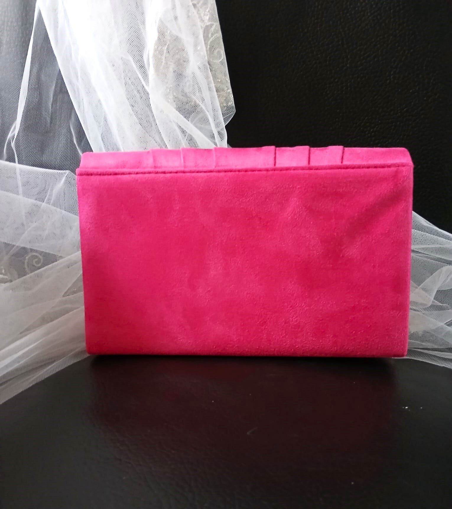 Fuchsia Suede Evening Clutch With Crystal Embellishment: Hot Pink Wedding Handbag