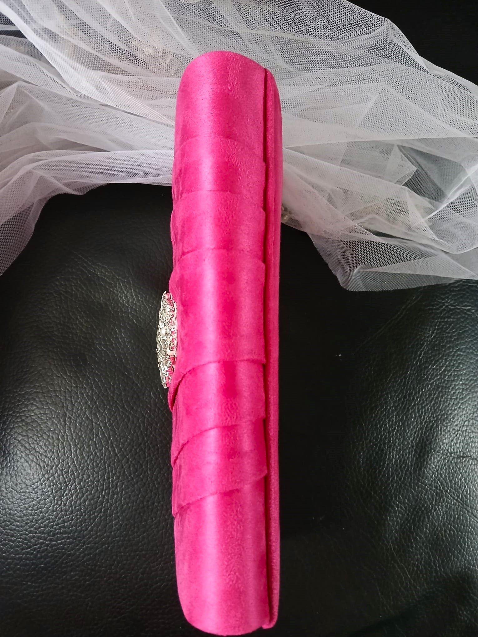 Fuchsia Suede Evening Clutch With Crystal Embellishment: Hot Pink Wedding Handbag