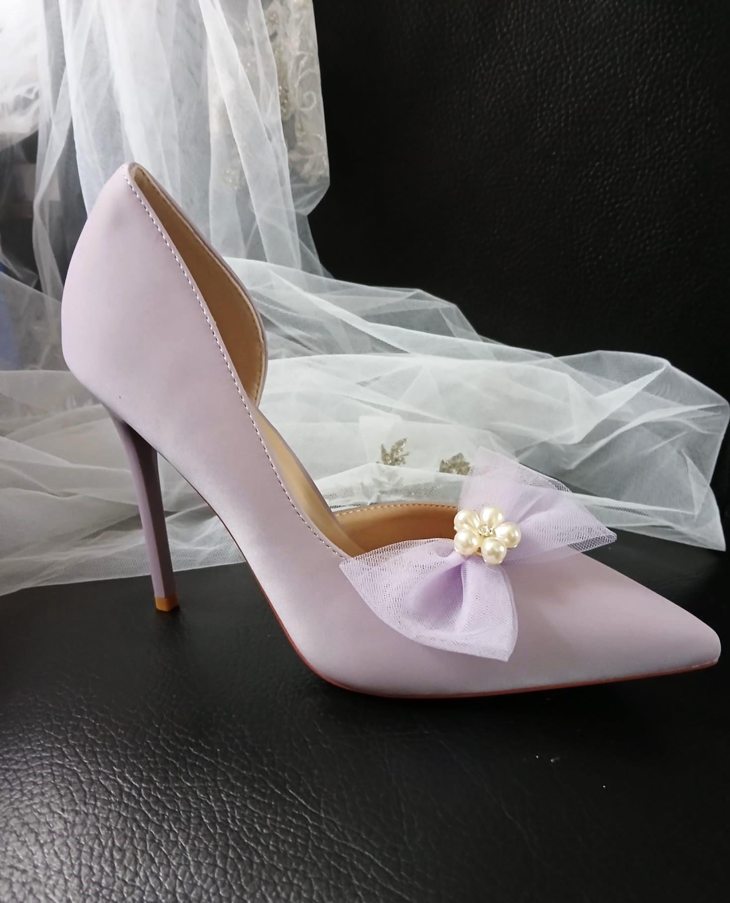 Lavender Satin Wedding Pumps: Bow Clip Evening Heels
