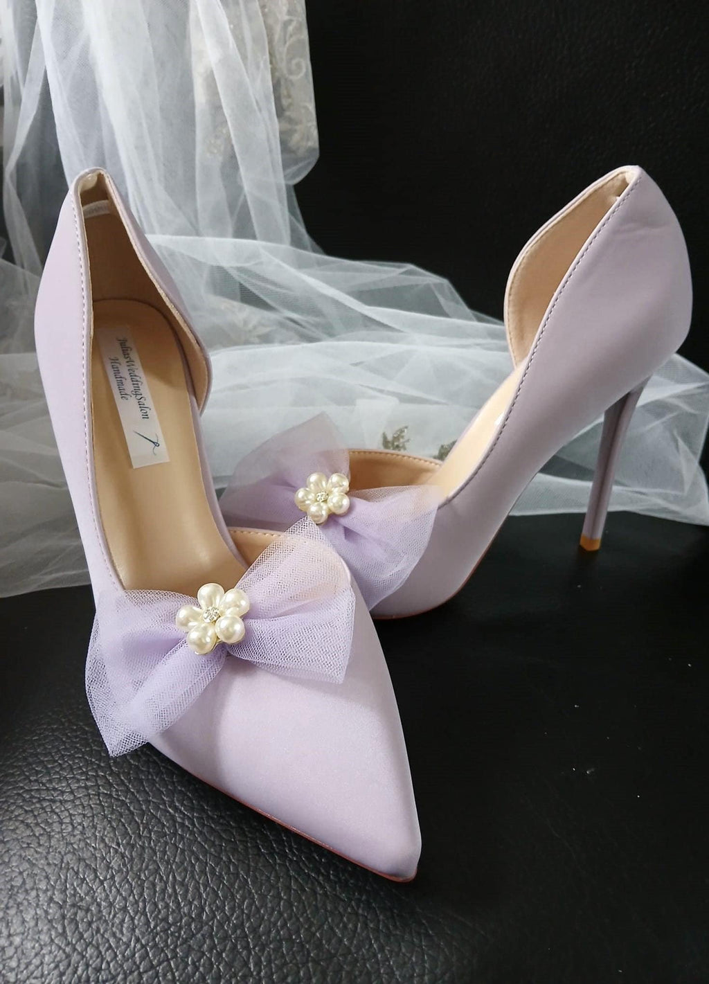 Lavender Satin Wedding Pumps: Bow Clip Evening Heels