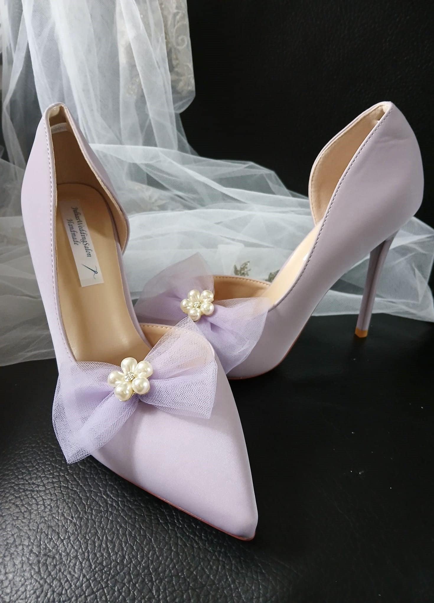 Lavender Satin Wedding Pumps: Bow Clip Evening Heels