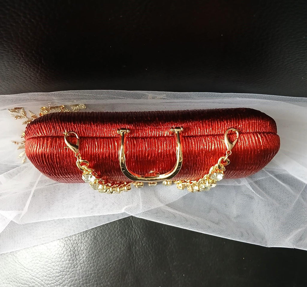 Red Satin Evening Clutch: Gold Hardware, Crystal Handle