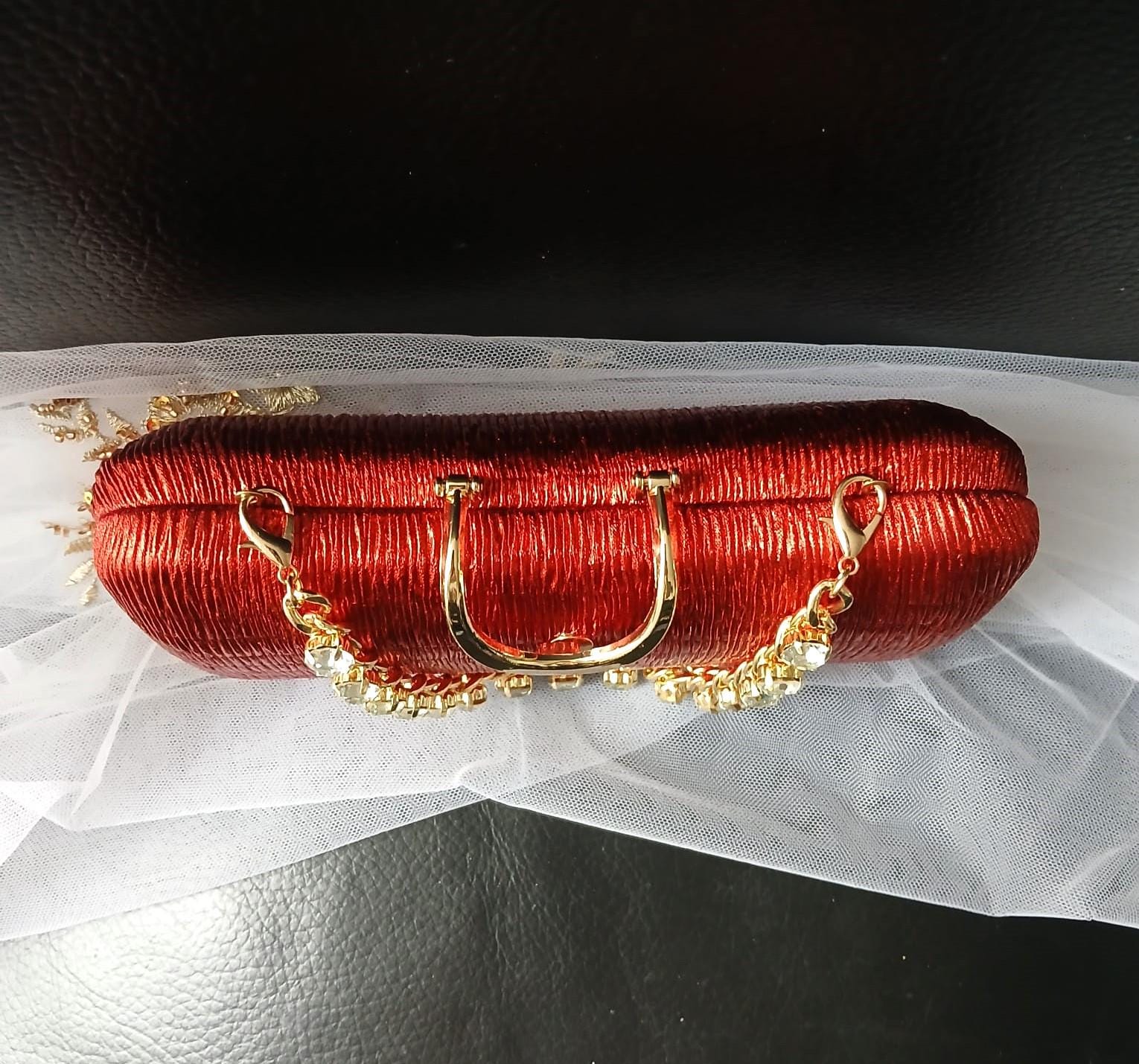 Red Satin Evening Clutch: Gold Hardware, Crystal Handle