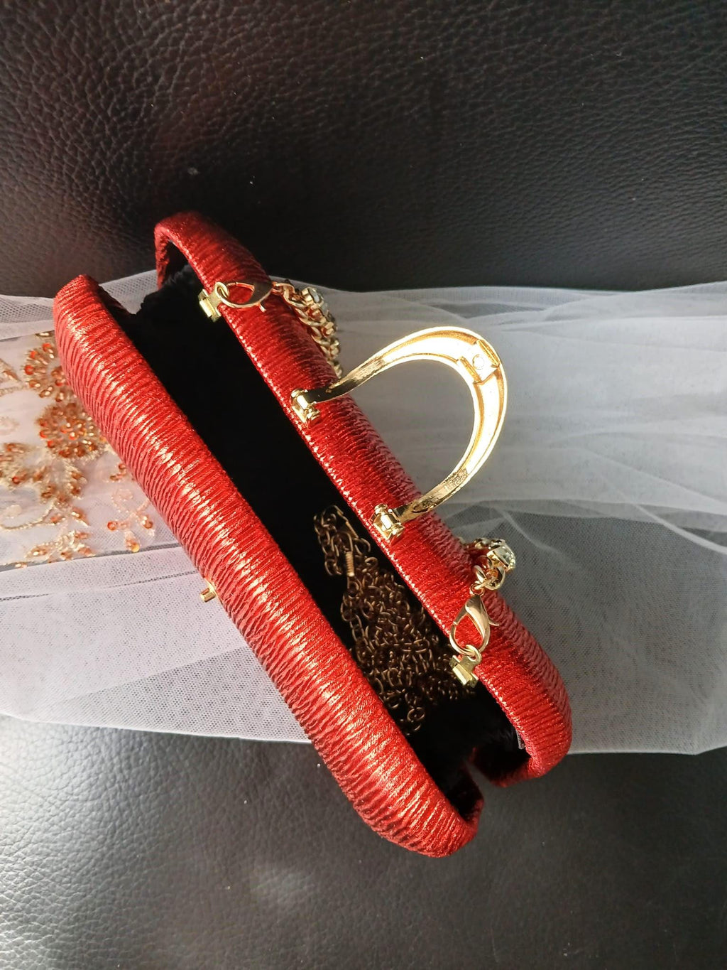 Red Satin Evening Clutch: Gold Hardware, Crystal Handle