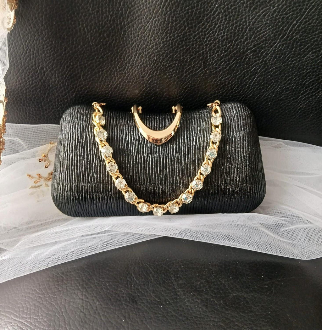 Black Satin Evening Clutch: Gold Hardware, Crystal Handle