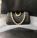 Black Satin Evening Clutch: Gold Hardware, Crystal Handle