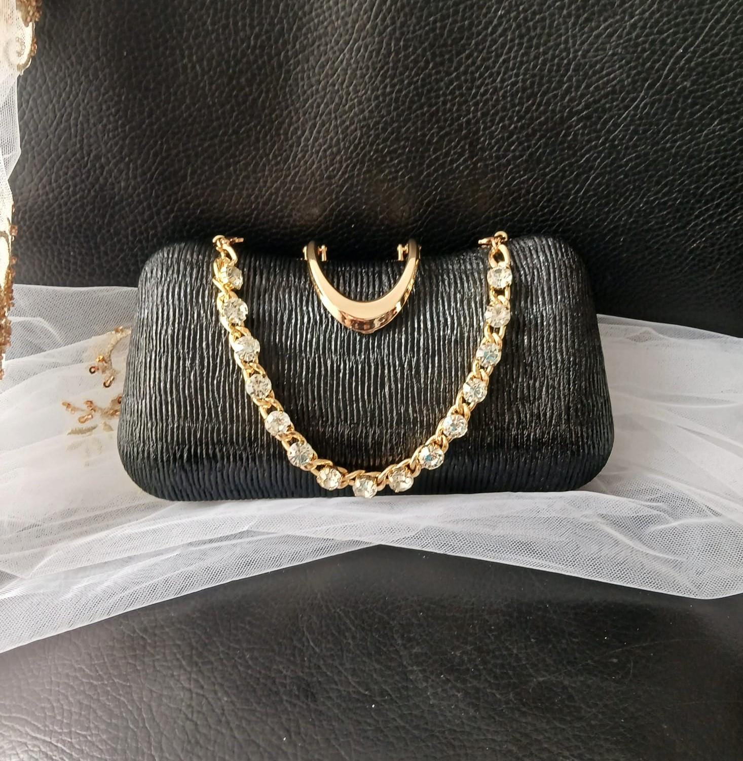 Black Satin Evening Clutch: Gold Hardware, Crystal Handle