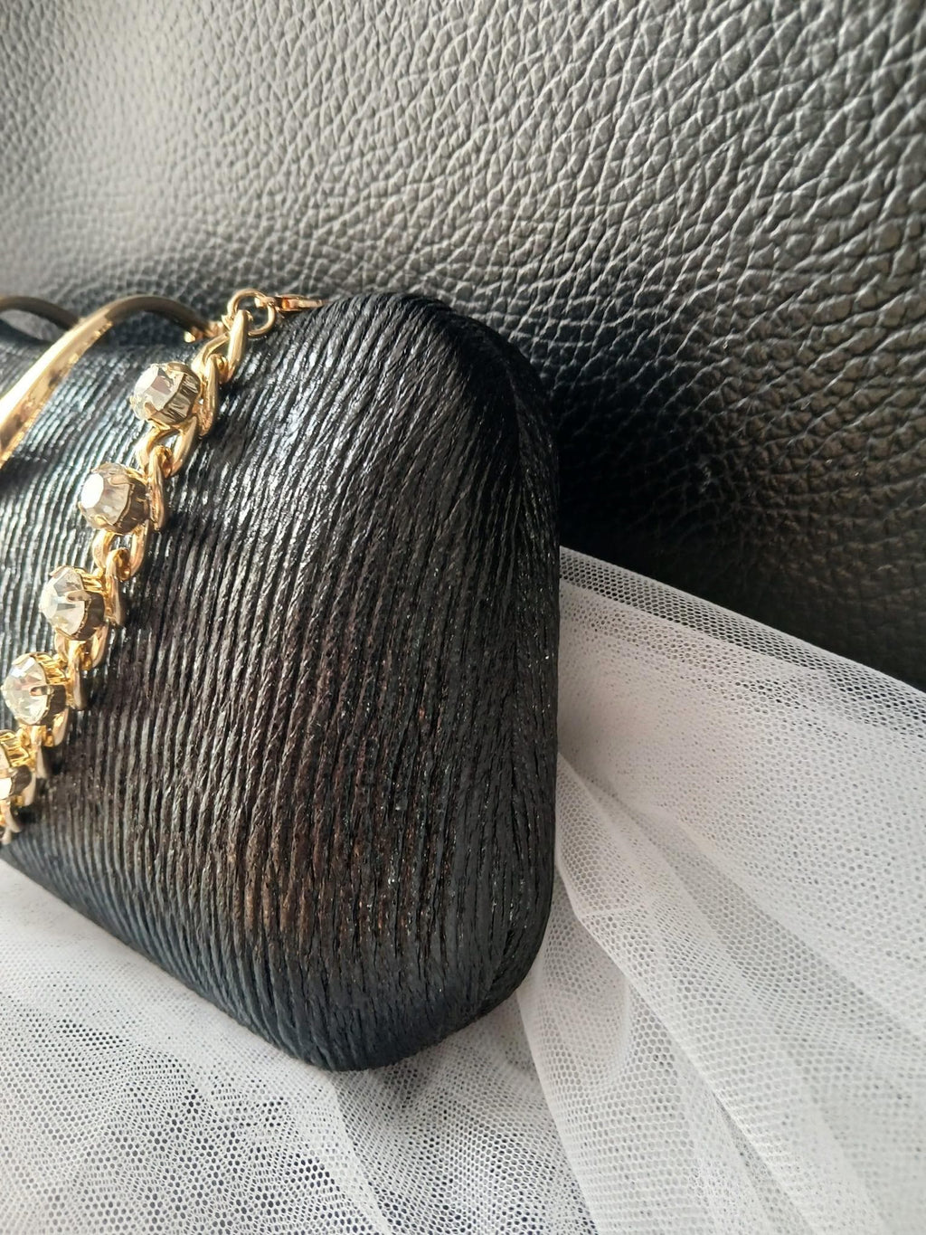 Black Satin Evening Clutch: Gold Hardware, Crystal Handle