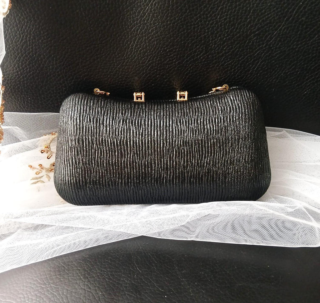 Black Satin Evening Clutch: Gold Hardware, Crystal Handle