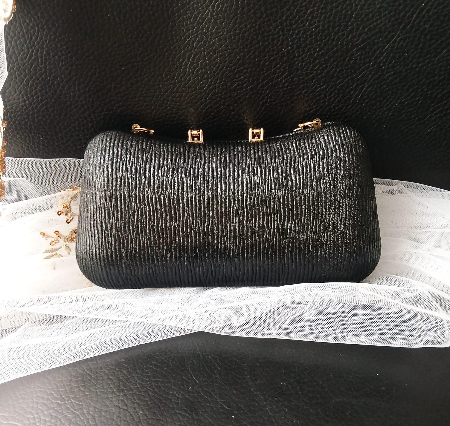 Black Satin Evening Clutch: Gold Hardware, Crystal Handle