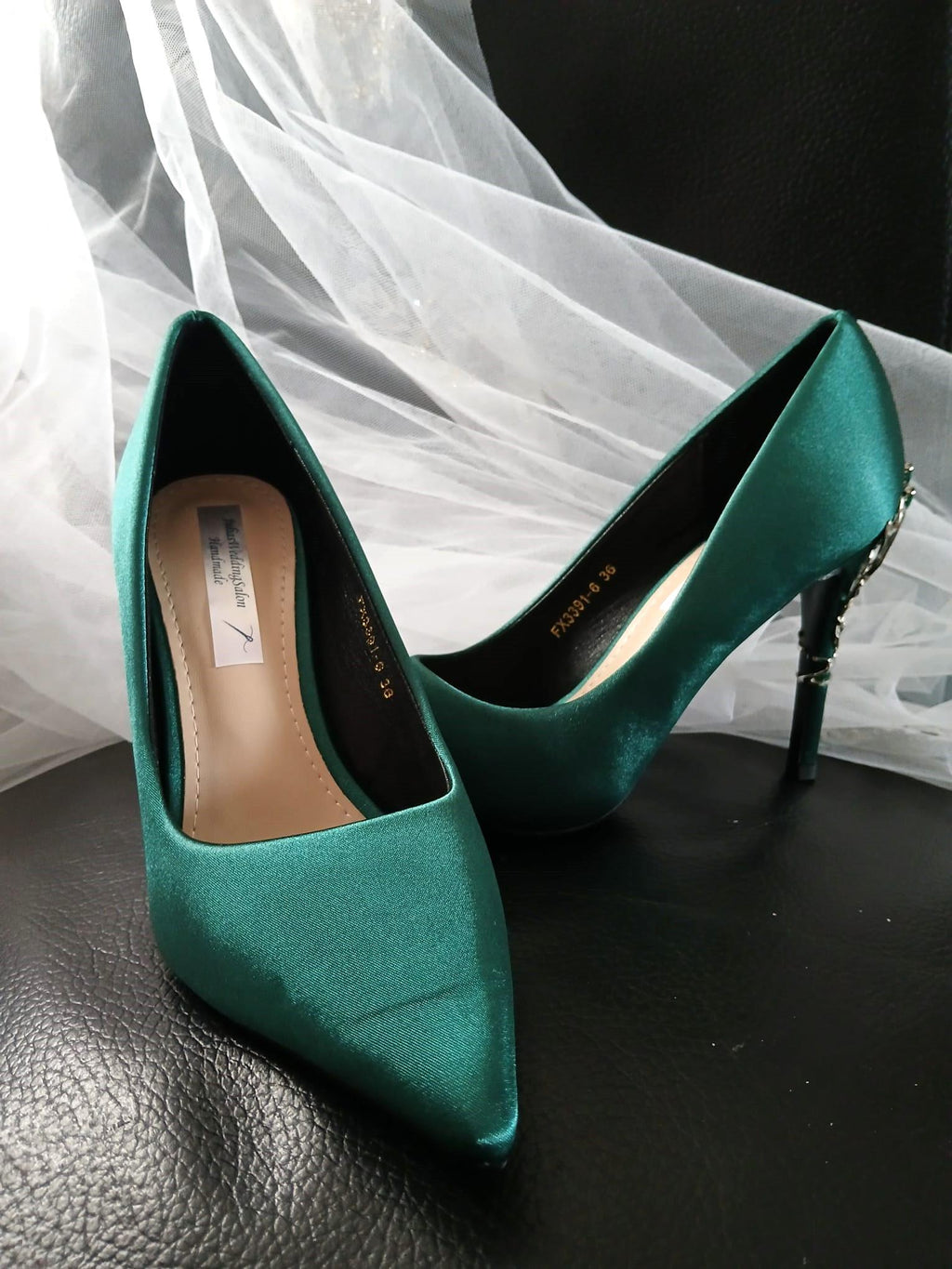 Forest Green Satin Wedding Heels with Carved Clutch Bag