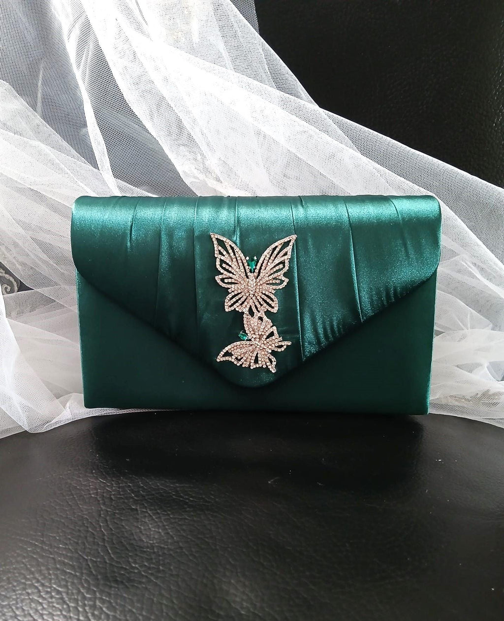 Emerald Green Satin Clutch: Butterfly Evening Bag, Bridal Purse