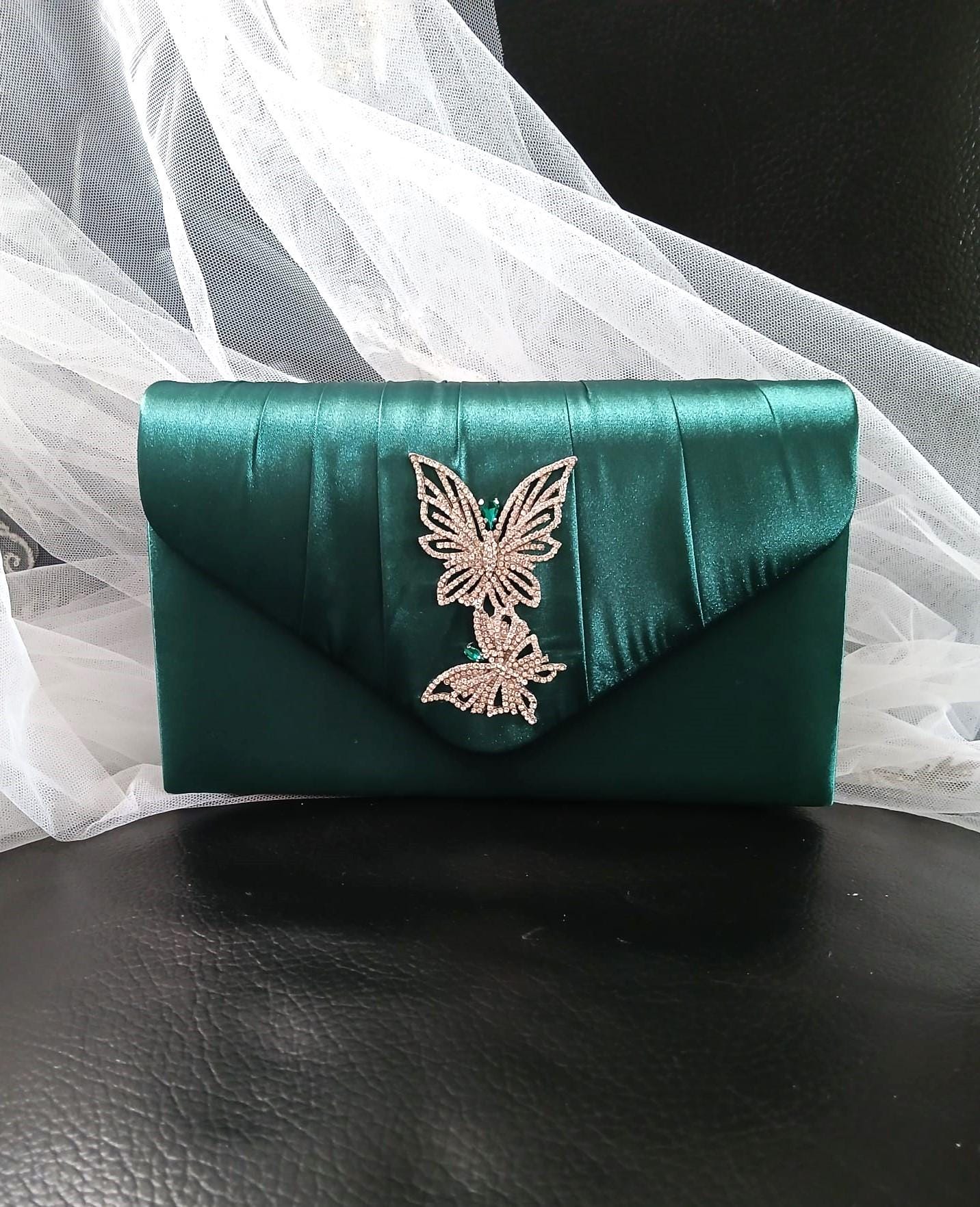 Emerald Green Satin Clutch: Butterfly Evening Bag, Bridal Purse