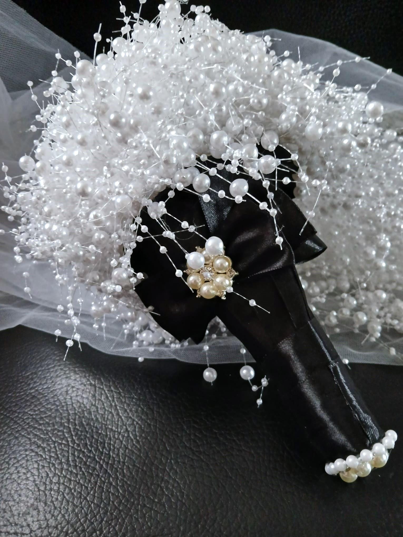 White Pearl Waterfall Wedding Bouquet: Gothic Bridal Cascade, Black Handle