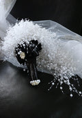 White Pearl Waterfall Wedding Bouquet: Gothic Bridal Cascade, Black Handle