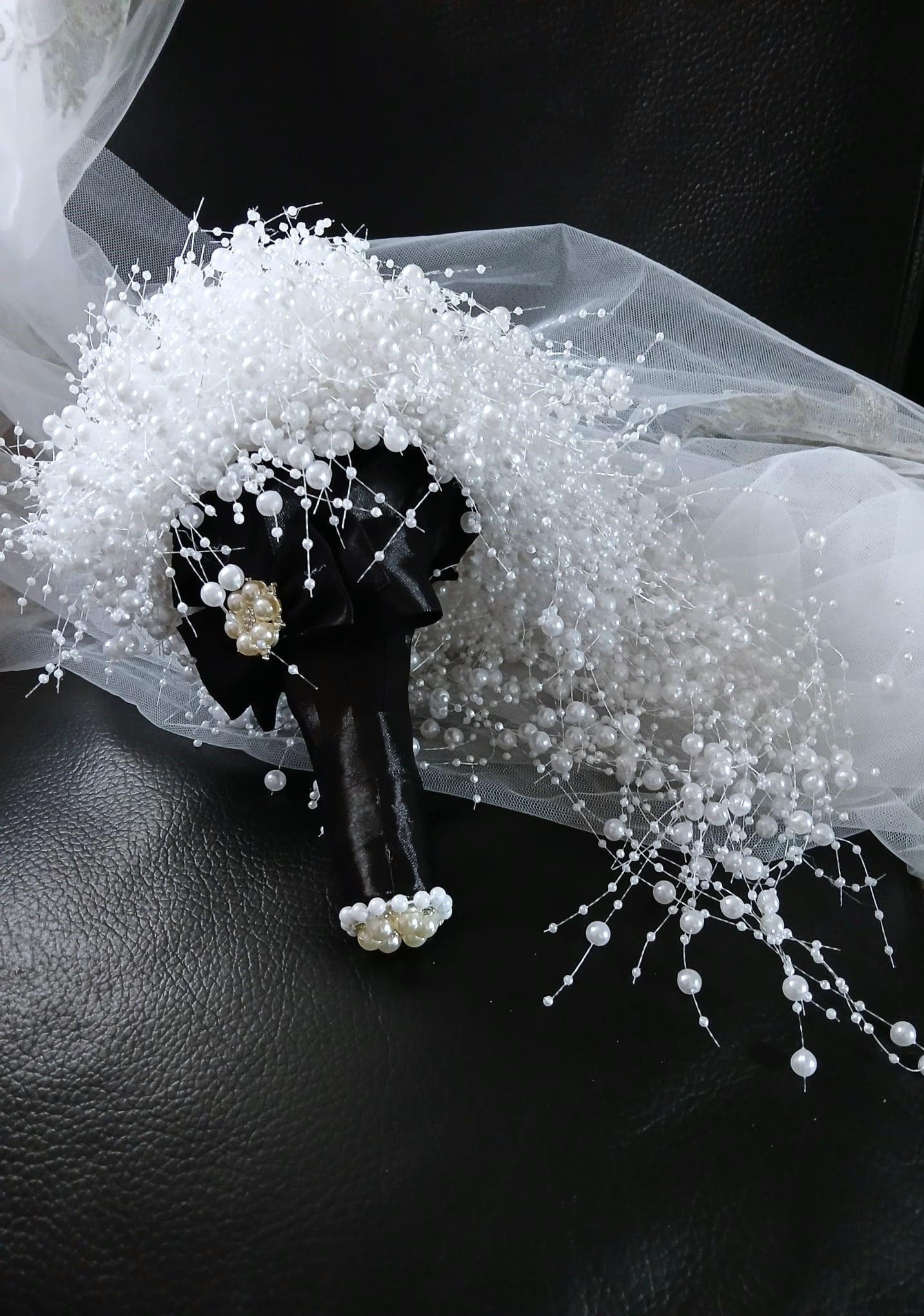 White Pearl Waterfall Wedding Bouquet: Gothic Bridal Cascade, Black Handle