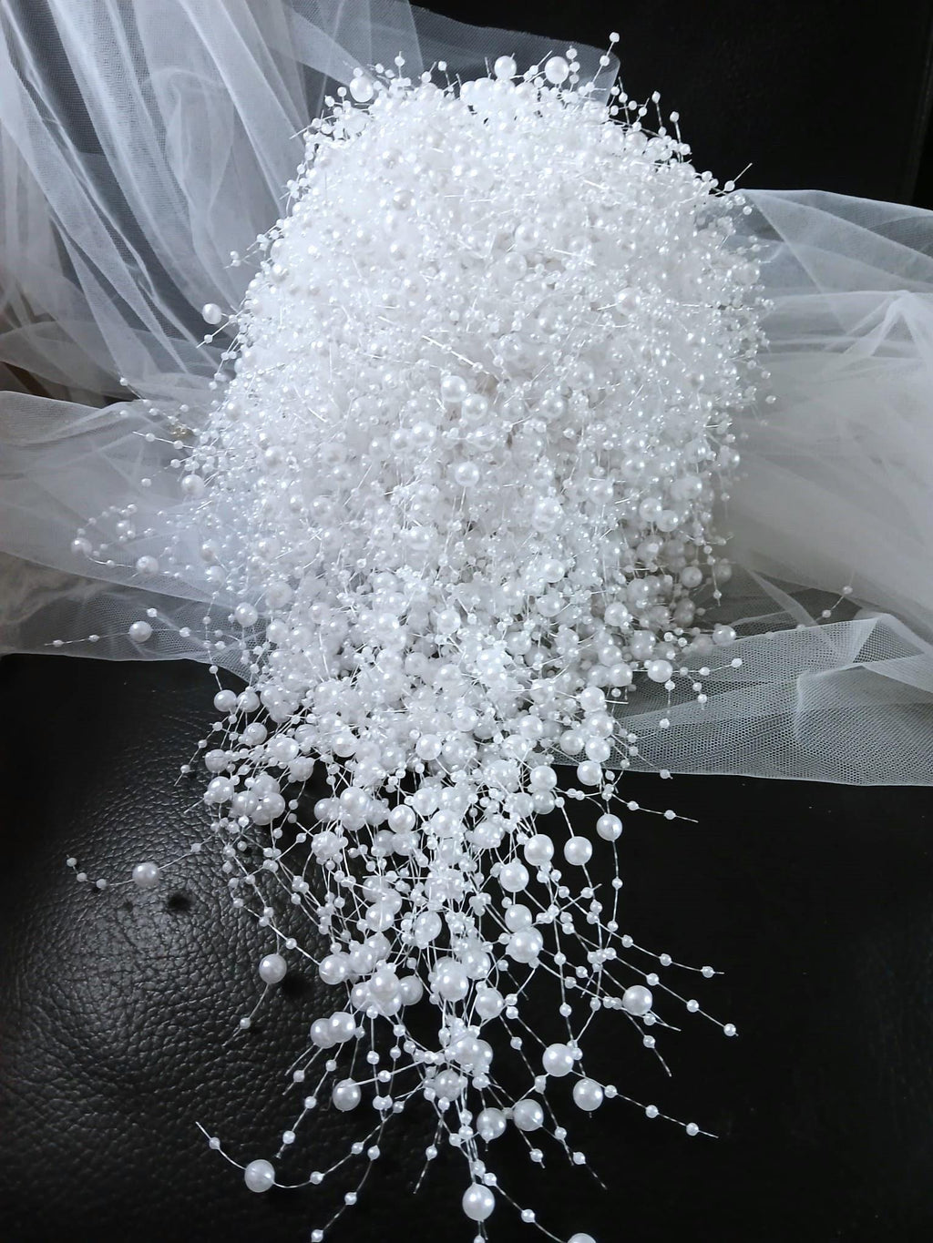 White Pearl Waterfall Wedding Bouquet: Gothic Bridal Cascade, Black Handle