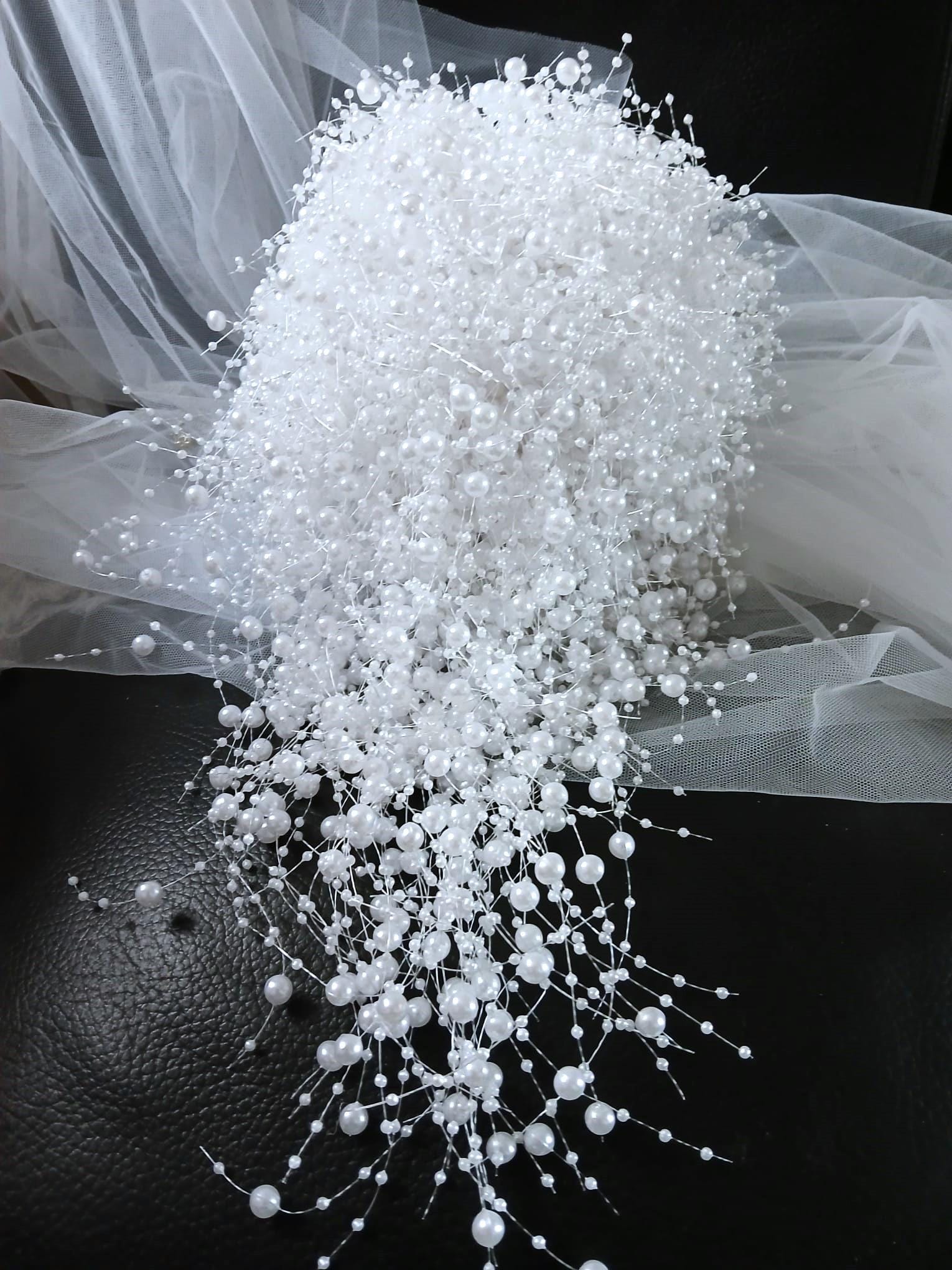 White Pearl Waterfall Wedding Bouquet: Gothic Bridal Cascade, Black Handle
