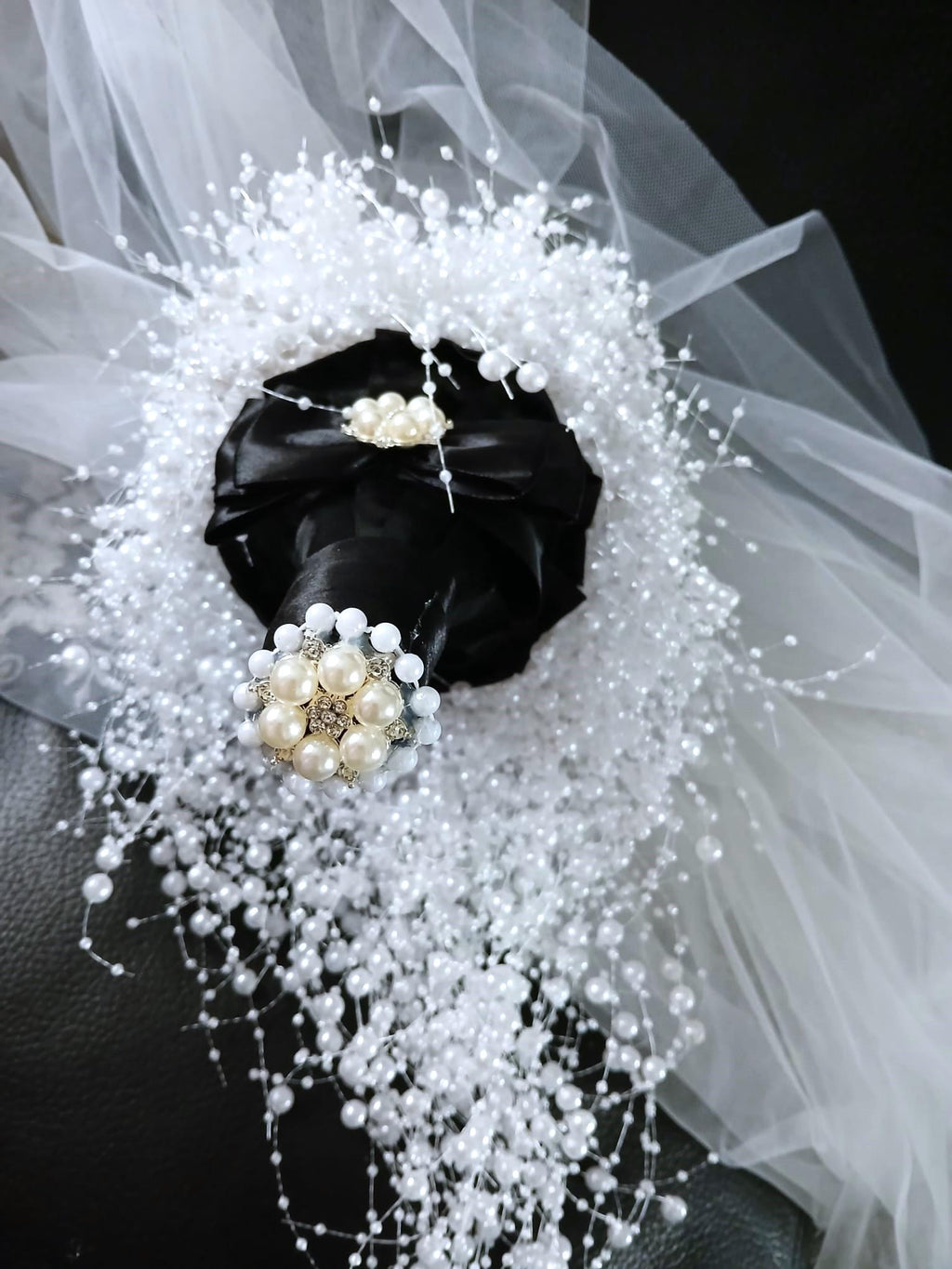 White Pearl Waterfall Wedding Bouquet: Gothic Bridal Cascade, Black Handle