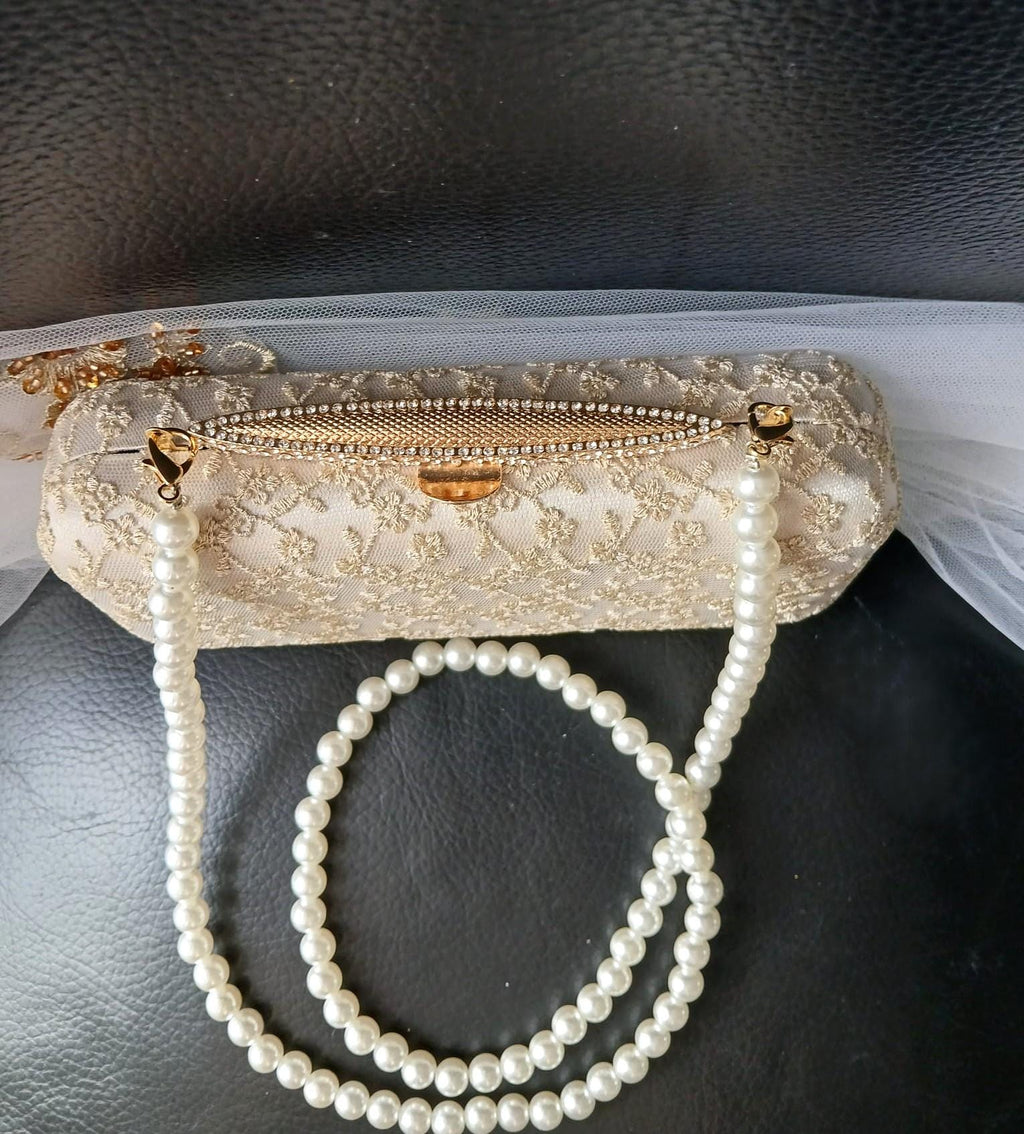 Embroidered Champagne Satin Clutch: Pearl Handle Wedding Handbag
