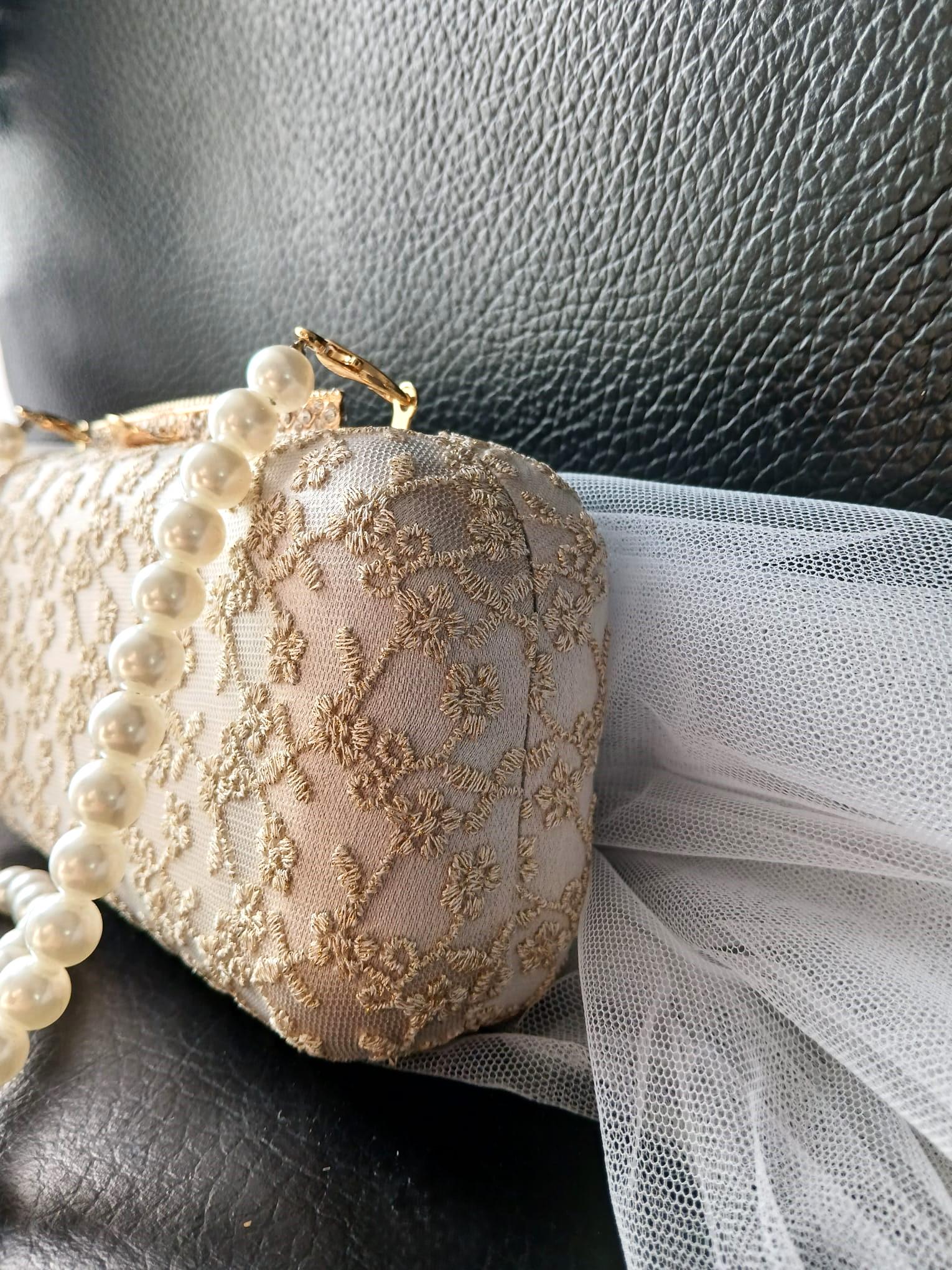 Embroidered Champagne Satin Clutch: Pearl Handle Wedding Handbag