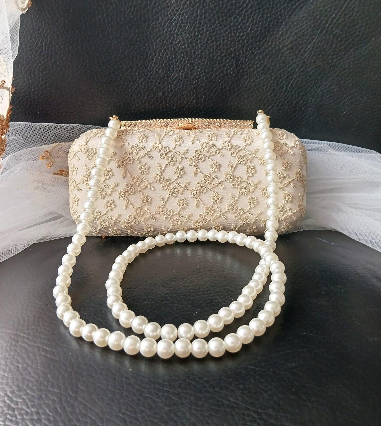 Embroidered Champagne Satin Clutch: Pearl Handle Wedding Handbag