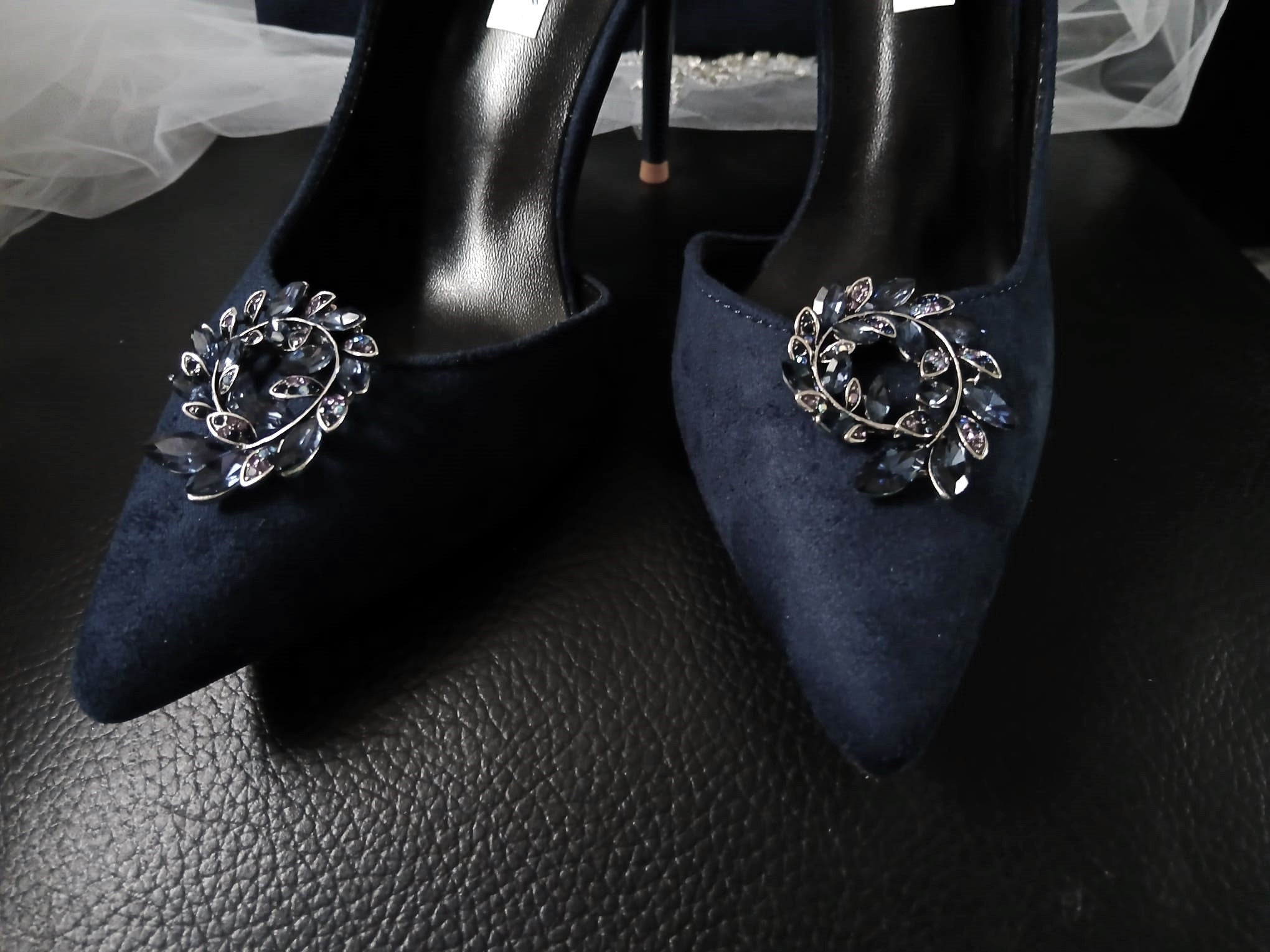 Navy Blue Suede Wedding Heels with Matching Clutch: Gothic Evening Pumps