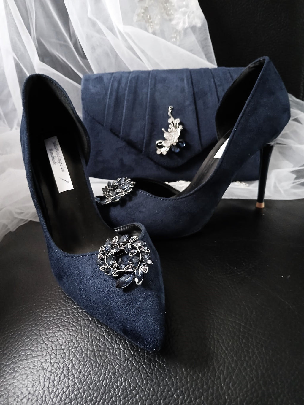 Navy Blue Suede Wedding Heels with Matching Clutch: Gothic Evening Pumps