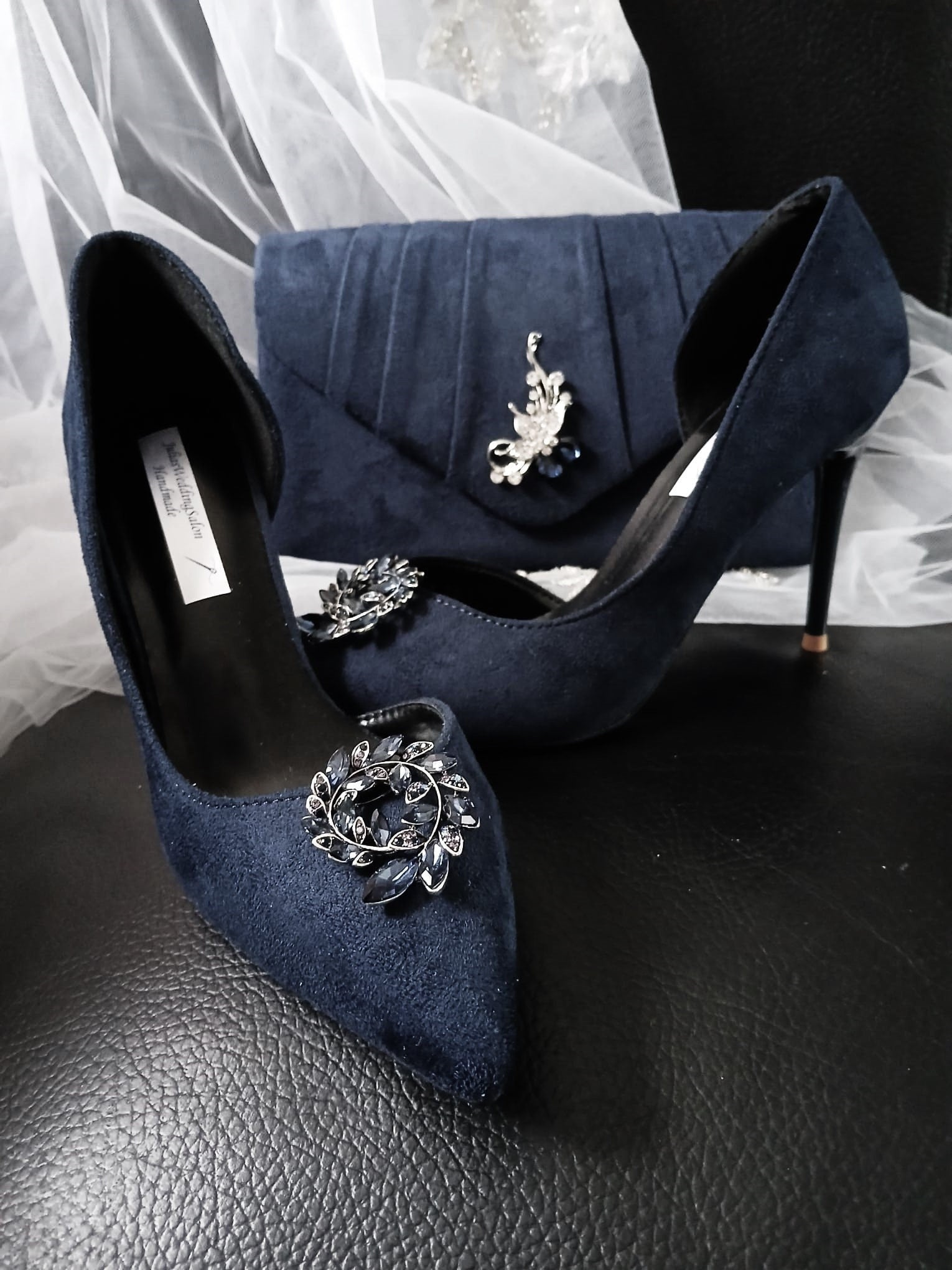 Navy Blue Suede Wedding Heels with Matching Clutch: Gothic Evening Pumps