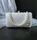 White Pearl Evening Clutch: Silver Hardware Wedding Handbag