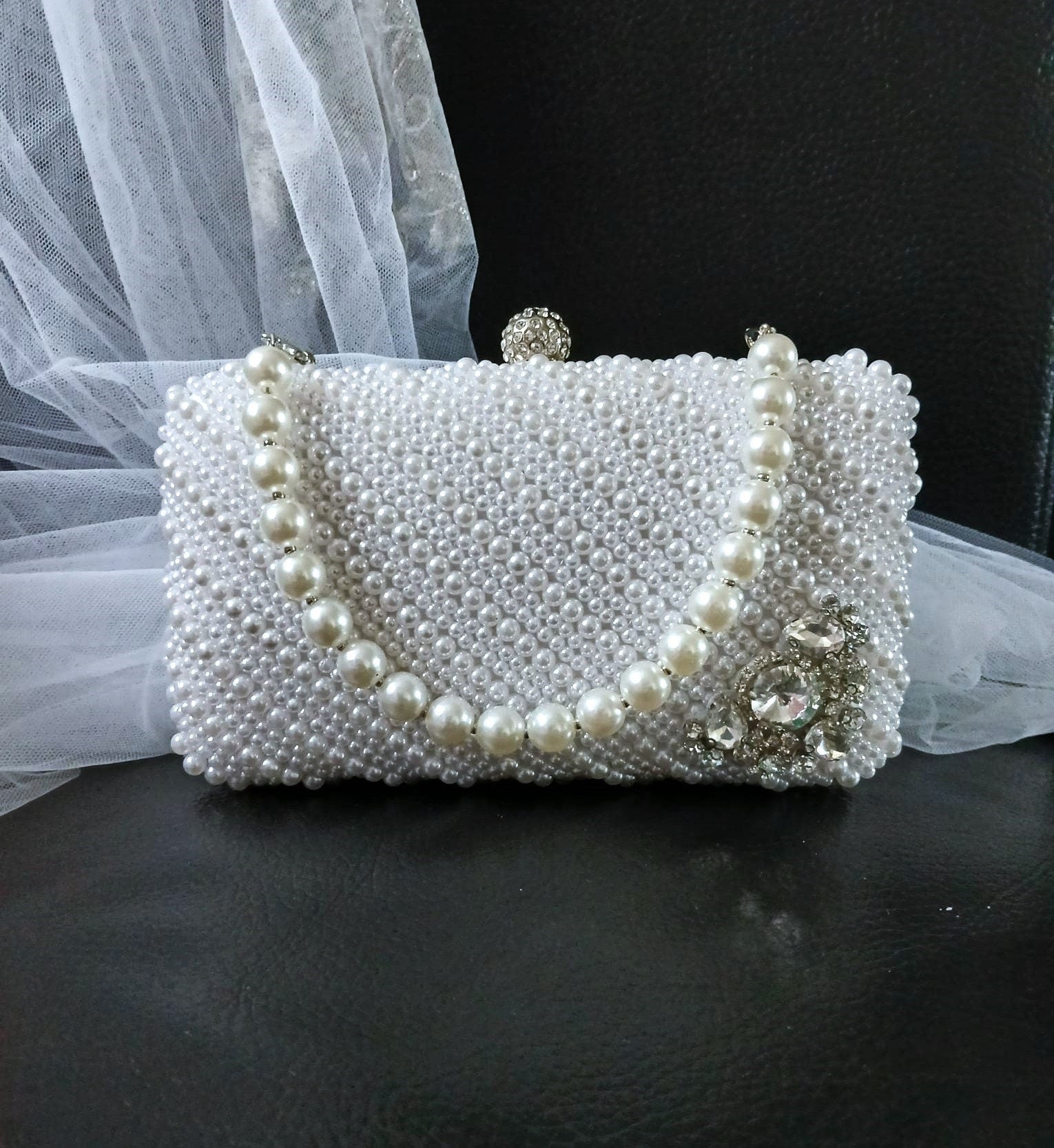 White Pearl Evening Clutch: Silver Hardware Wedding Handbag