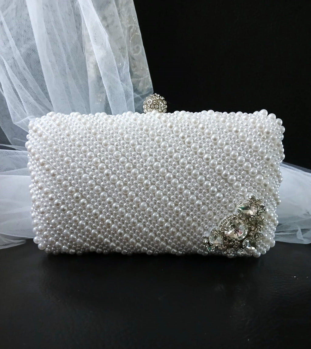 White Pearl Evening Clutch: Silver Hardware Wedding Handbag