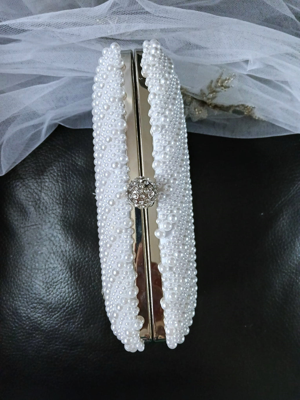 White Pearl Evening Clutch: Silver Hardware Wedding Handbag