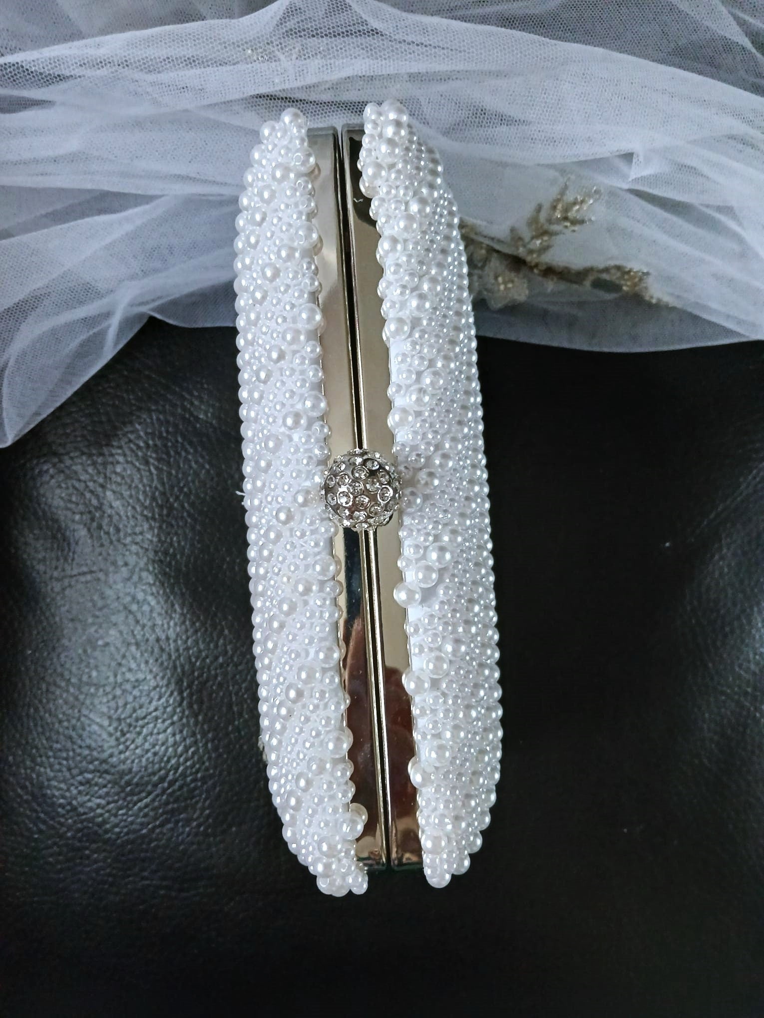 White Pearl Evening Clutch: Silver Hardware Wedding Handbag
