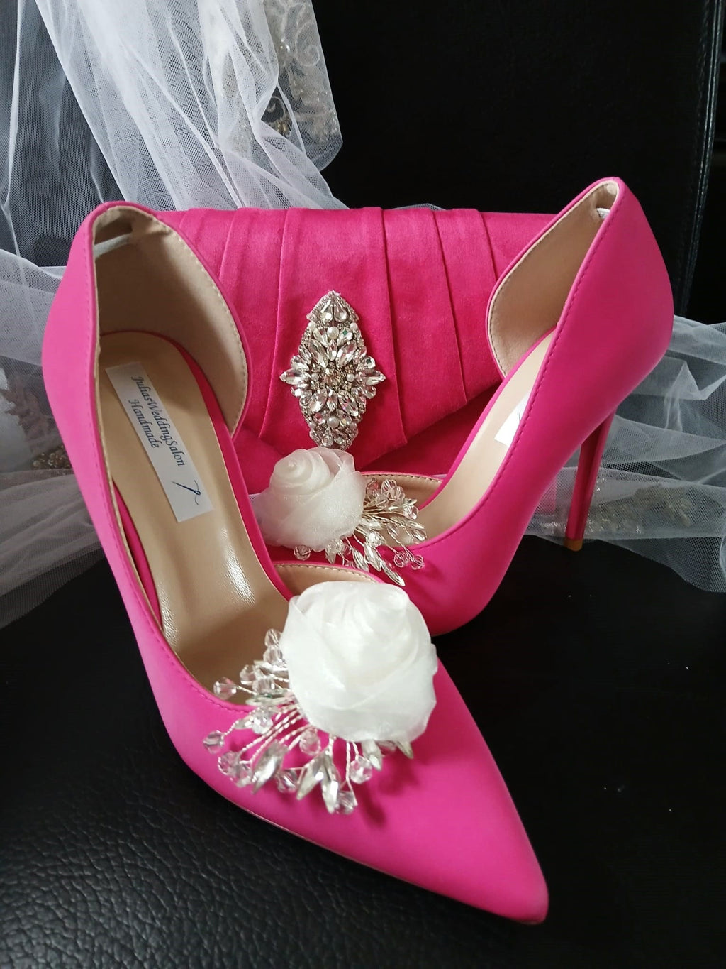 Fuchsia Satin Wedding Pumps with Rose Clips & Clutch Bag