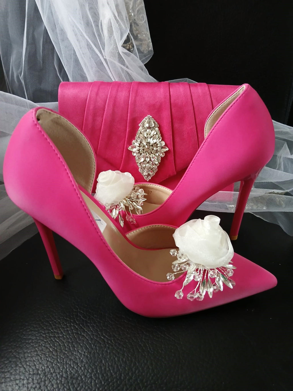Fuchsia Satin Wedding Pumps with Rose Clips & Clutch Bag