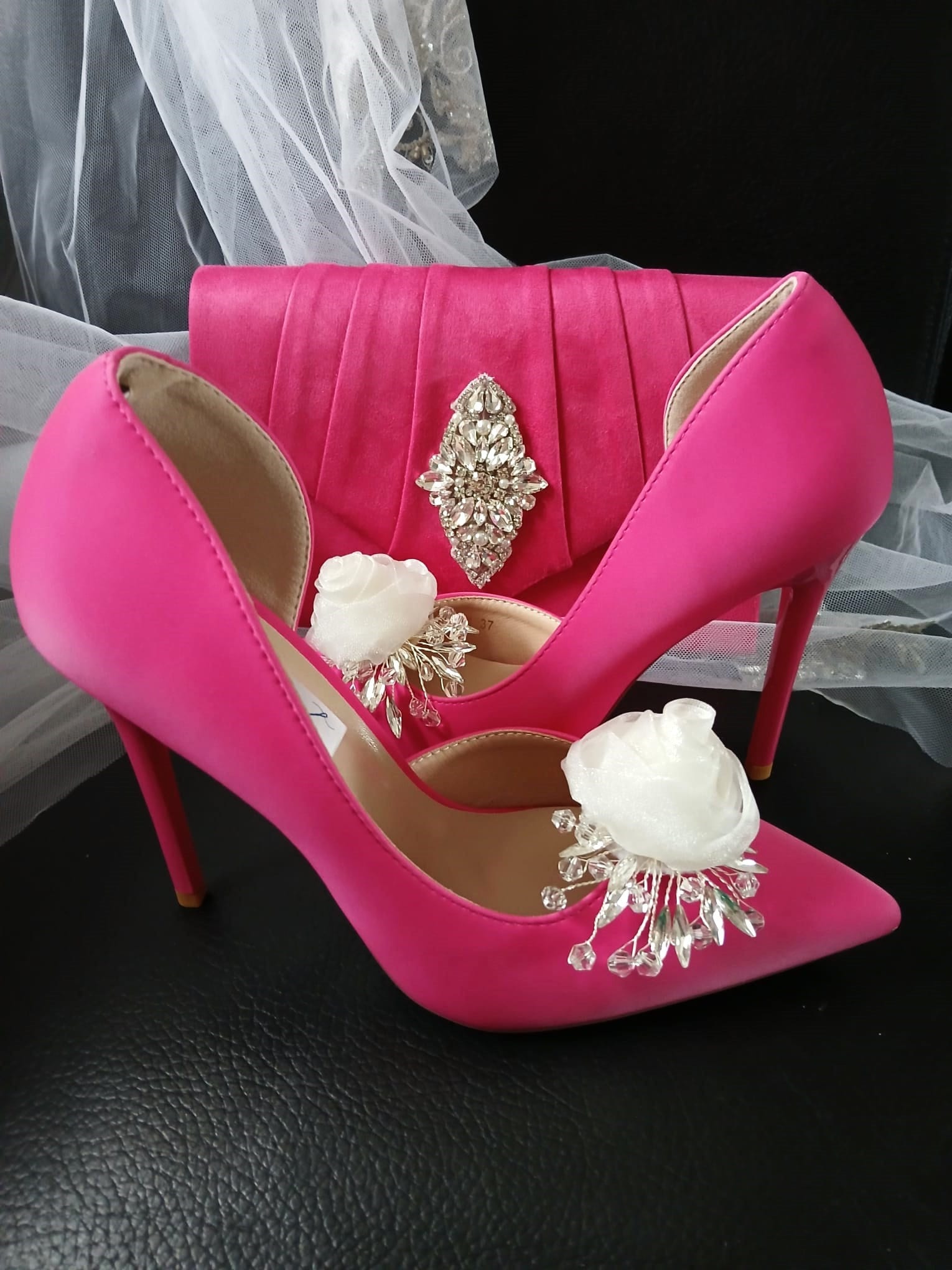 Fuchsia Satin Wedding Pumps with Rose Clips & Clutch Bag