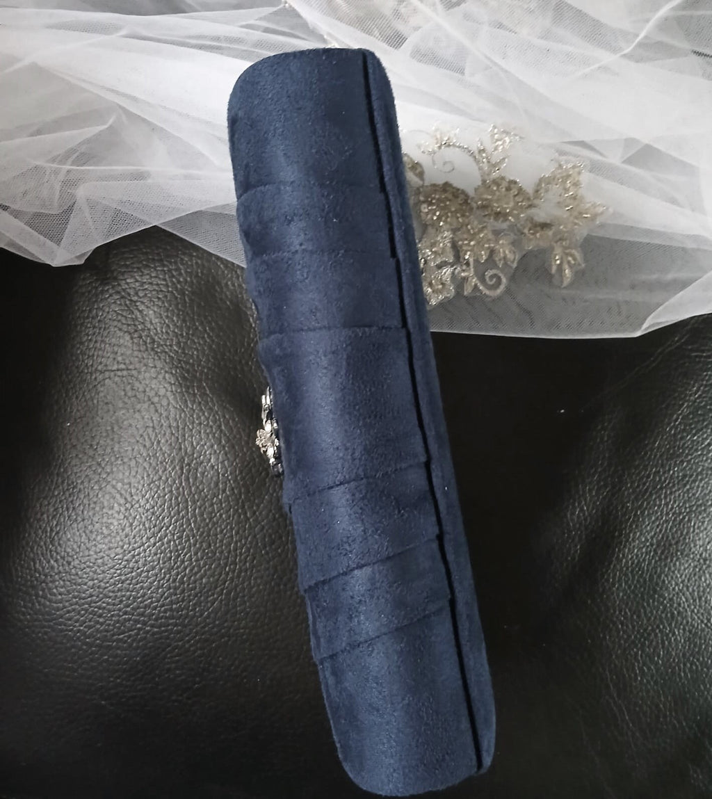 Navy Blue Suede Evening Clutch Bag: Gothic Wedding Handbag